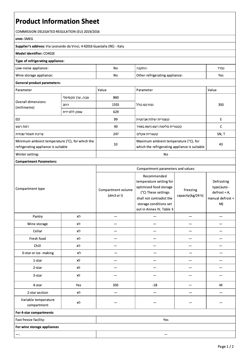 Página 1 del manual Ficha técnica Smeg CO402E