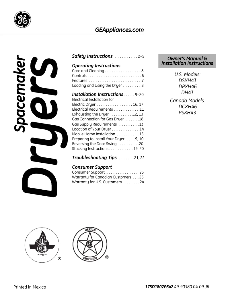 Image de la première page du manuel de l'appareil DSXH43EFWW