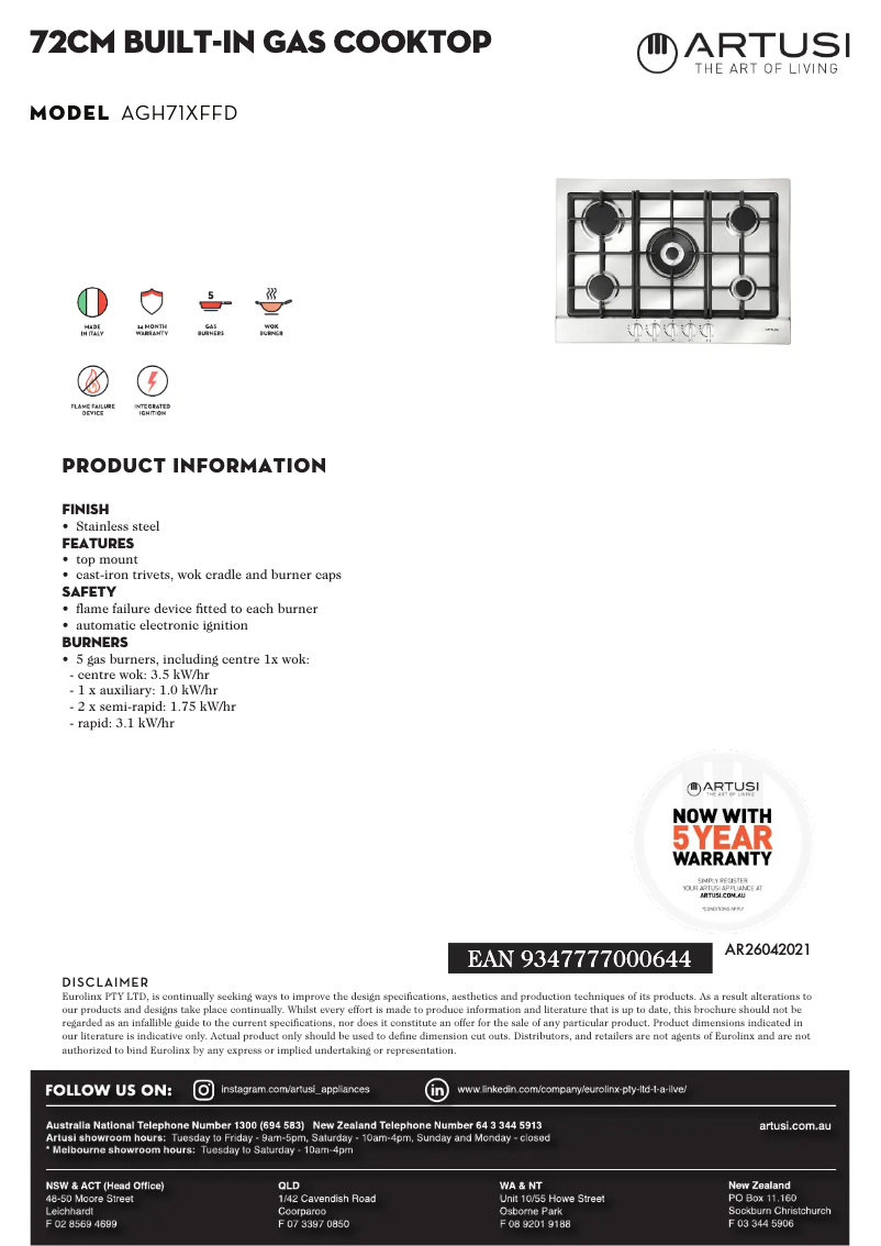 Página 1 del manual Ficha técnica Artusi AGH71XFFD