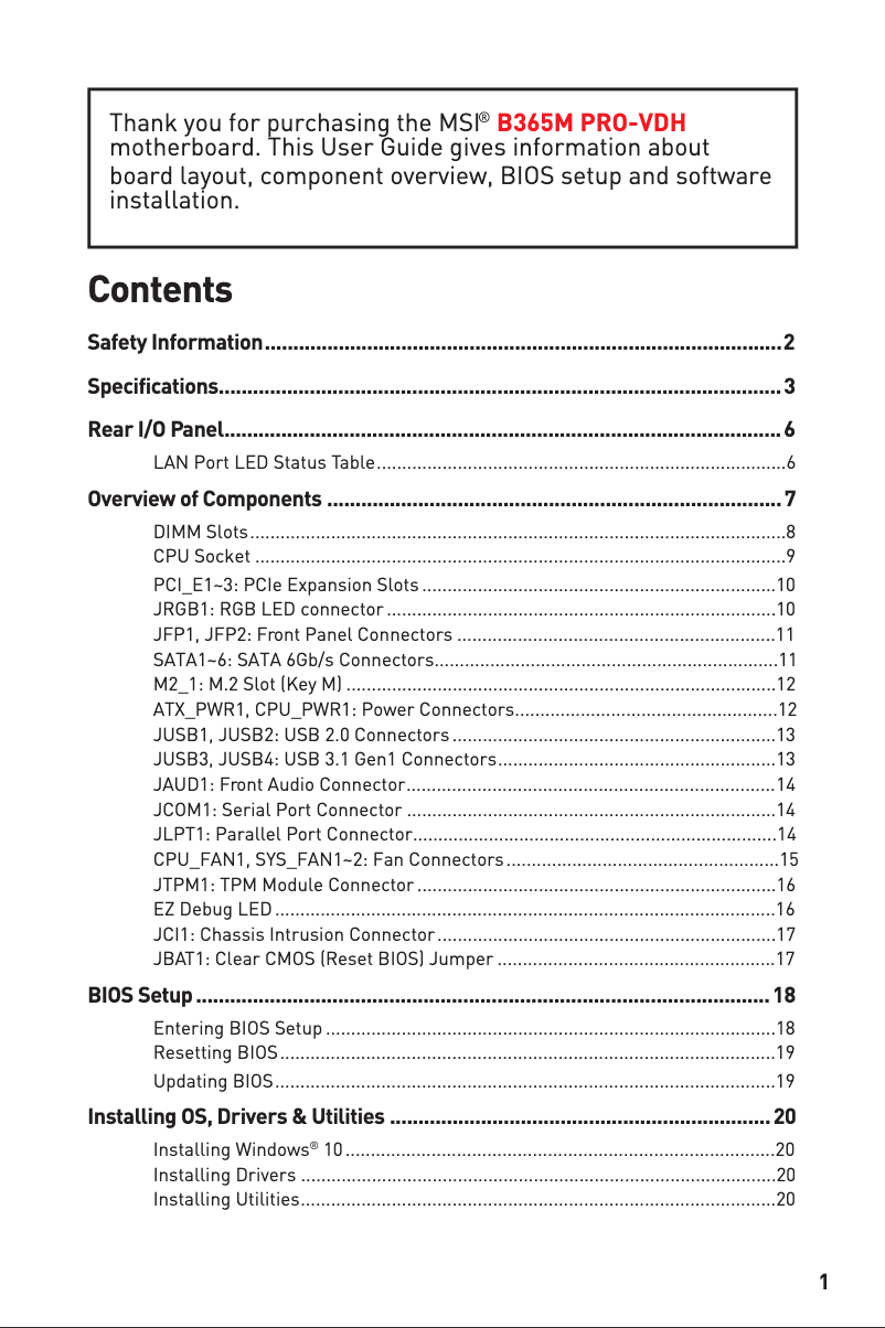 Page 1 de la notice Manuel utilisateur MSI B365M PRO-VDH