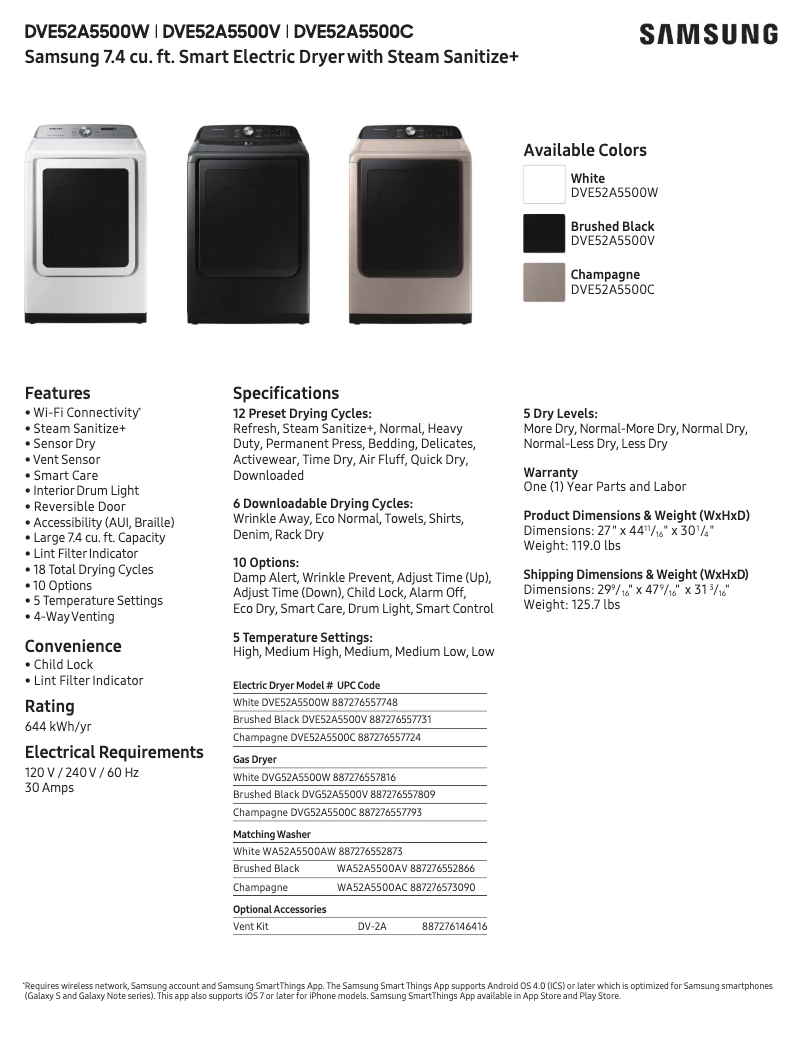Page 1 de la notice Fiche technique Samsung DVE52A5500W