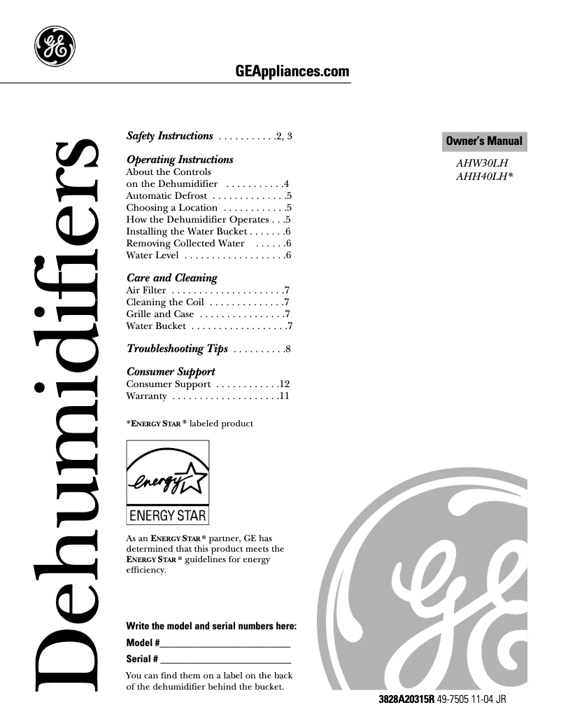 Page 1 de la notice Guide d'installation GE AHW30LH