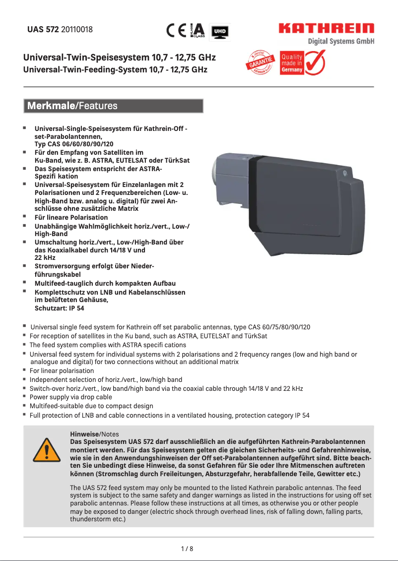 Image de la première page du manuel de l'appareil UAS 572