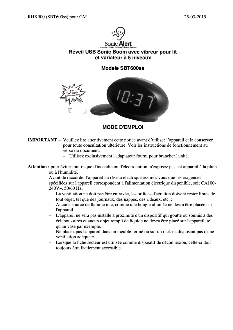 Page n°1 - Manuel utilisateur Sonic Alert SBT600SS