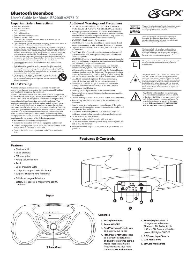 Page n°1 - Manuel utilisateur GPX BB200B