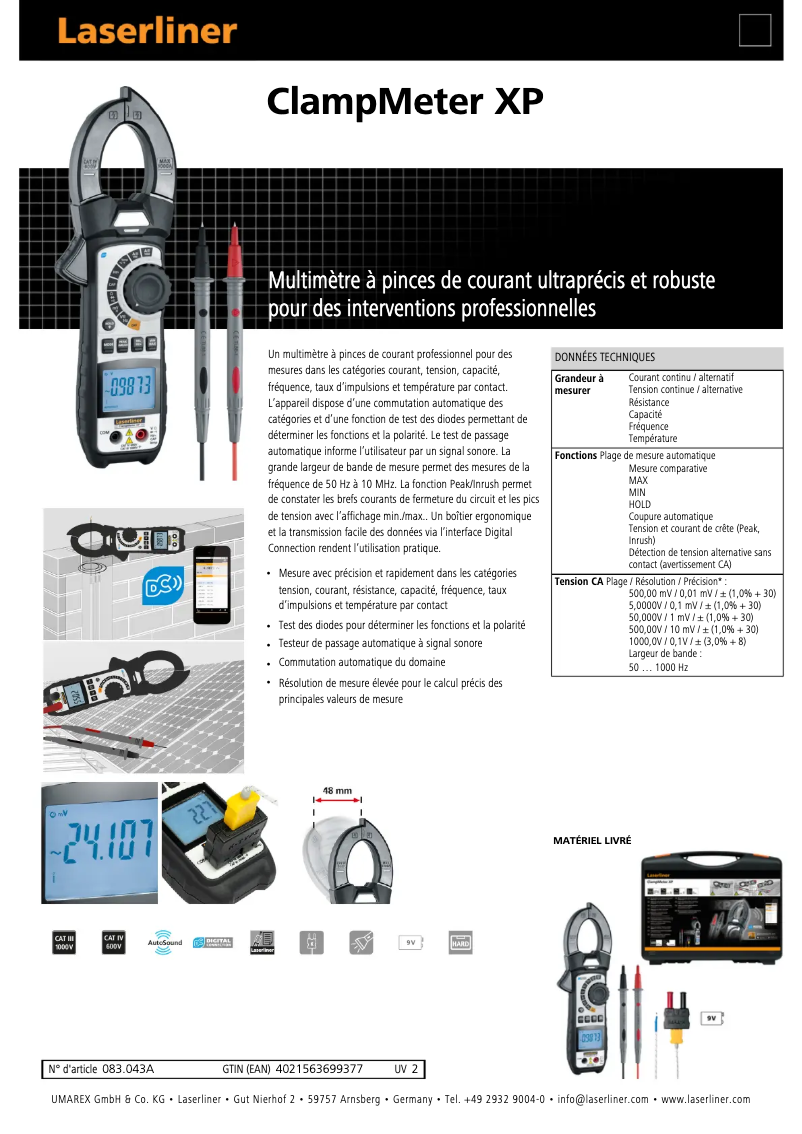 Page 1 de la notice Fiche technique Laserliner ClampMeter XP
