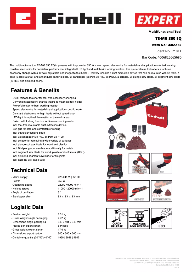 Page 1 de la notice Fiche technique Einhell TE-MG 350 EQ