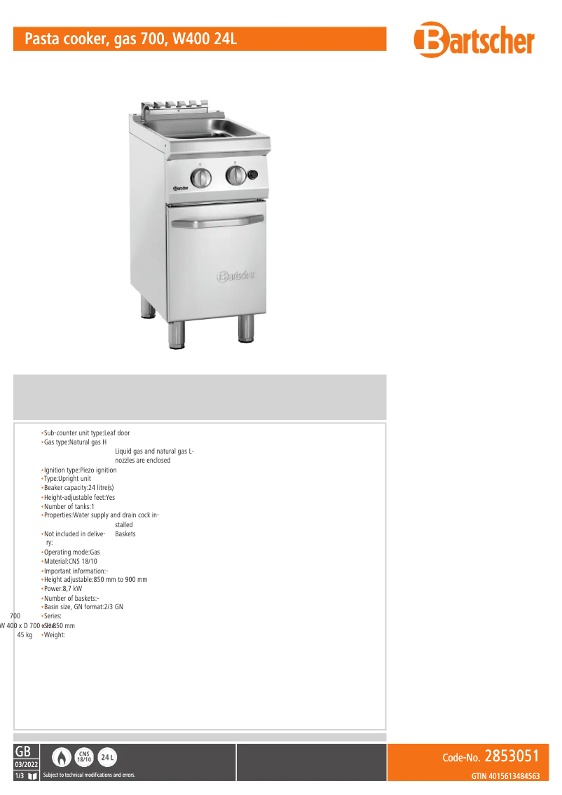 Page 1 de la notice Fiche technique Bartscher 2853051