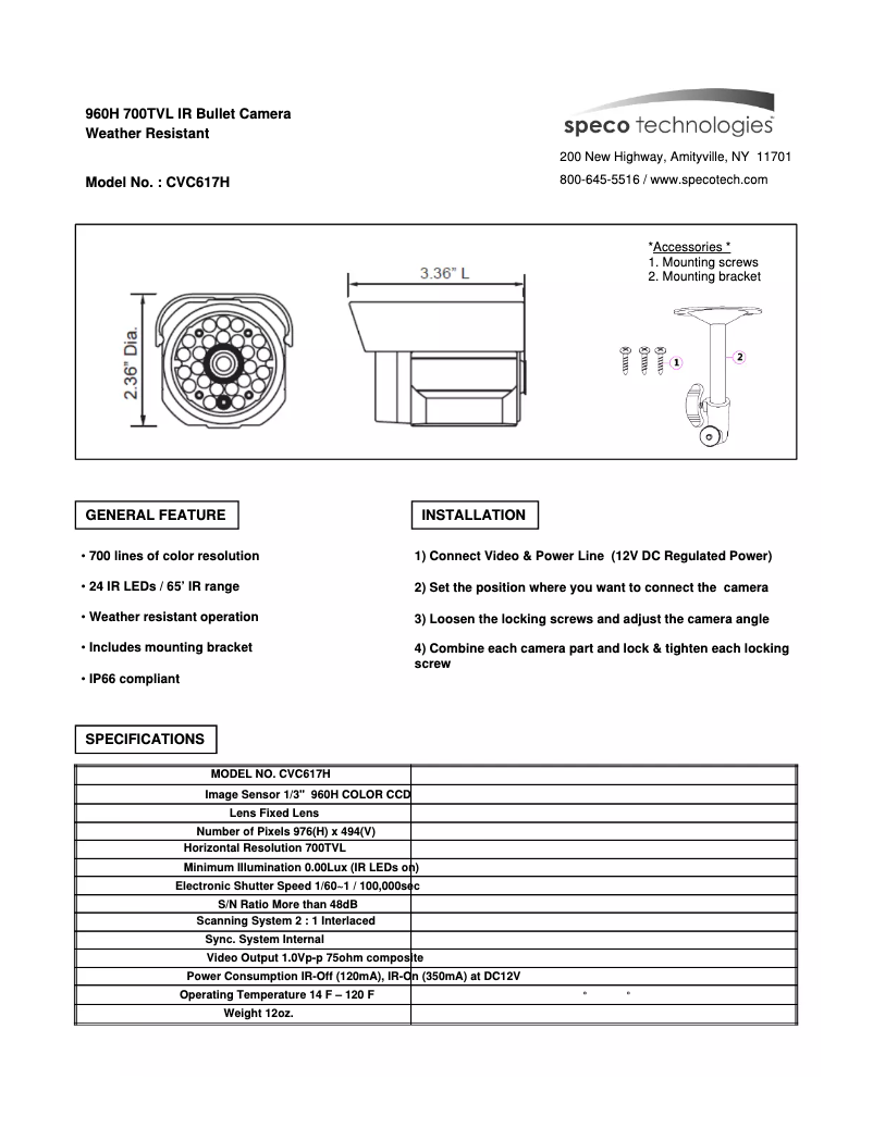 Page 1 de la notice Manuel utilisateur Speco Technologies CVC617H