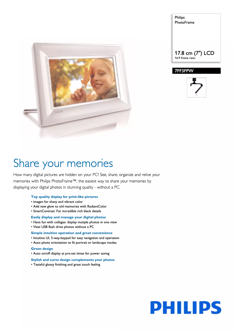 Page 1 de la notice Fiche technique Philips 7FF3FPW
