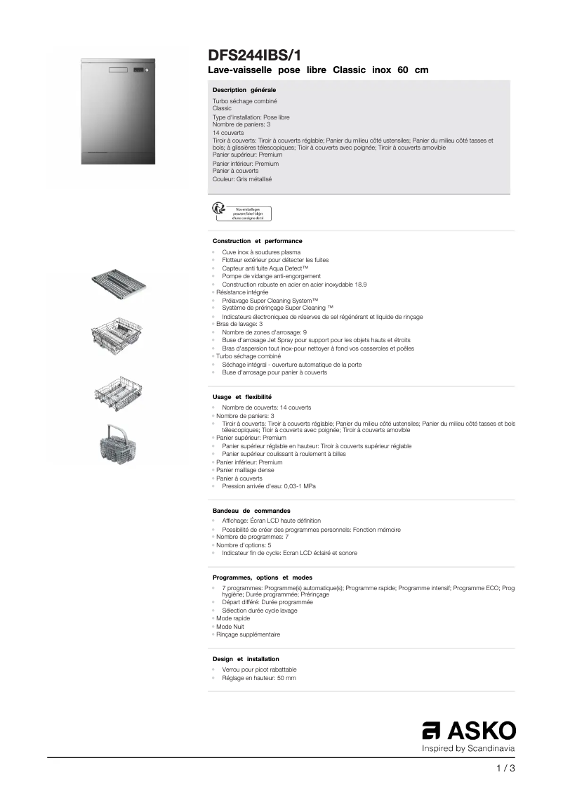 Page n°1 - Fiche technique Asko DFS244IBS1