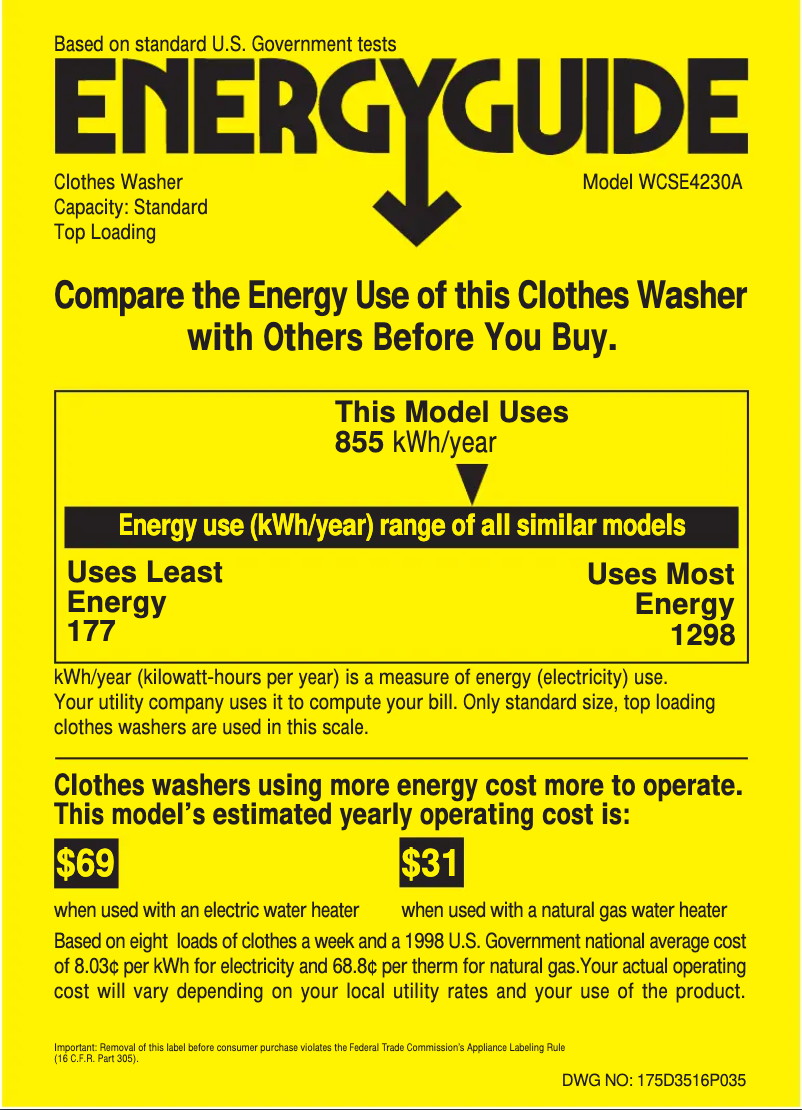 Page 1 de la notice Label énergétique GE WCSE4230AWW