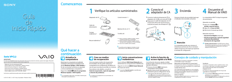 Página 1 del manual Guía de instalación Sony Vaio VPCL214FX
