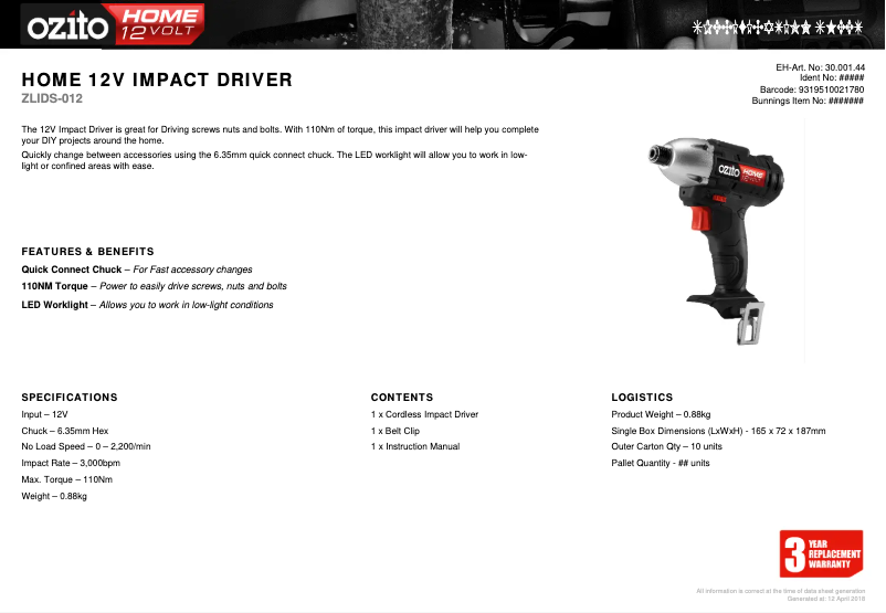 Page n°1 - Fiche technique Ozito ZLIDS-012