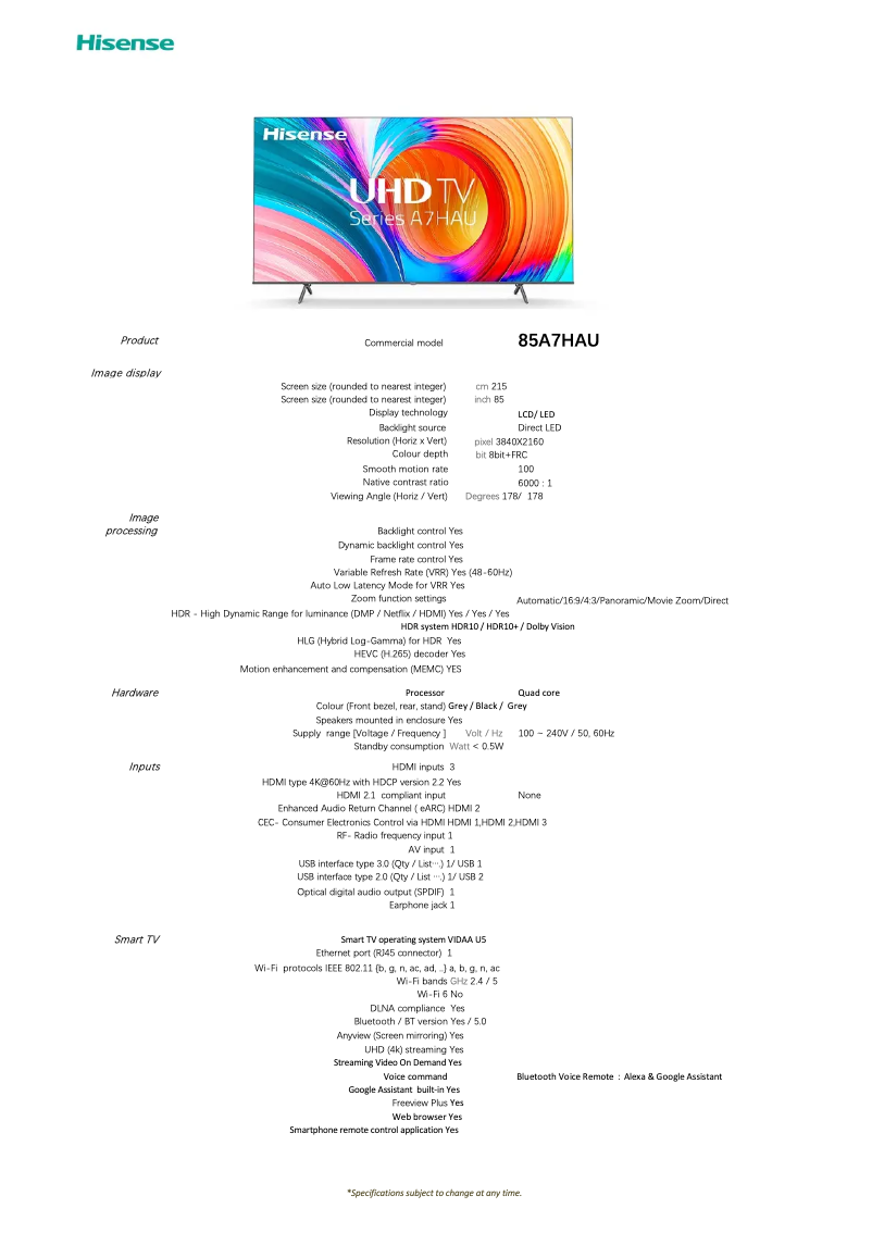 Image de la première page du manuel de l'appareil 85A7HAU