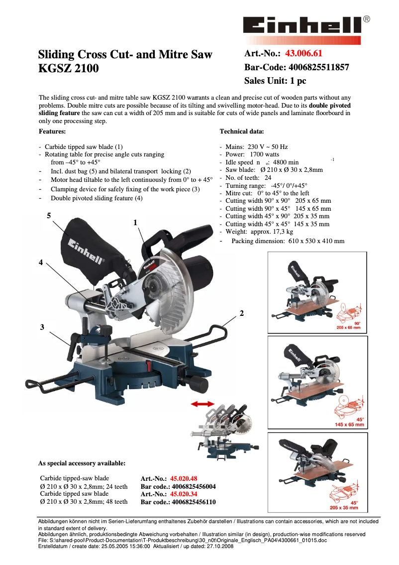 Page 1 de la notice Manuel utilisateur Einhell KGSZ 2100