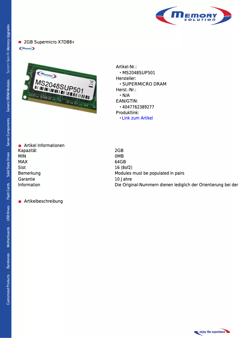 Page n°1 - Manuel utilisateur Memory Solution MS2048SUP501