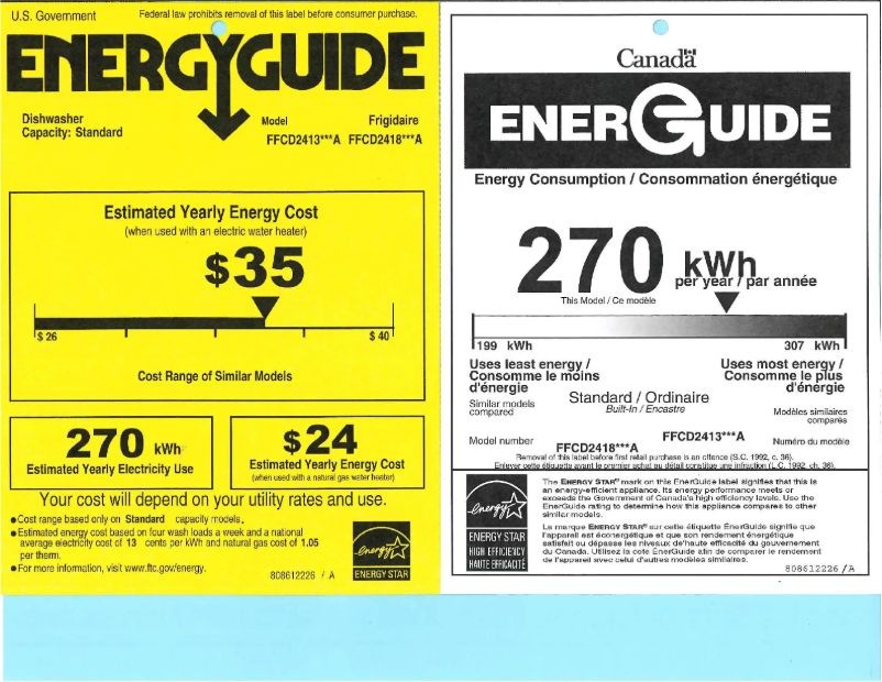 Page 1 de la notice Label énergétique Frigidaire FFCD2413UW