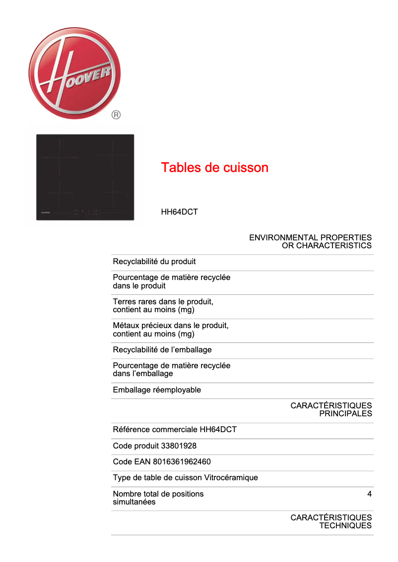 Page 1 de la notice Fiche technique Hoover HH64DCT