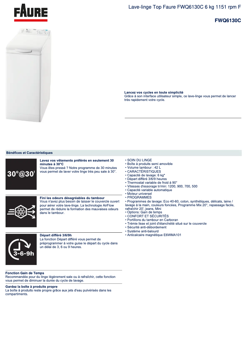 Página 1 del manual Ficha técnica Faure FWQ6130C