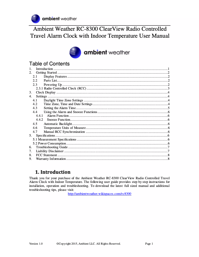 Page n°1 - Manuel utilisateur Ambient Weather RC-8300