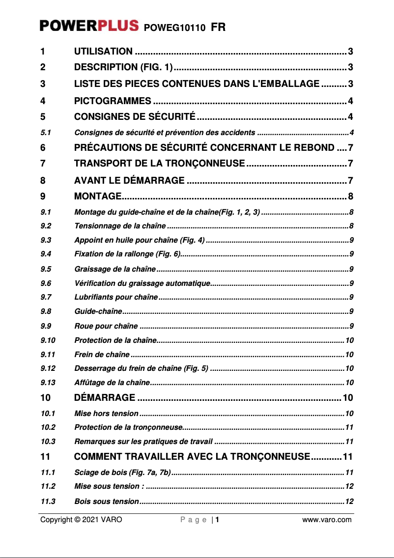 Page 1 de la notice Manuel utilisateur PowerPlus POWEG10110