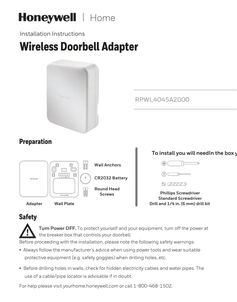 Página 1 del manual Manual de instrucciones Honeywell RPWL4045A2000