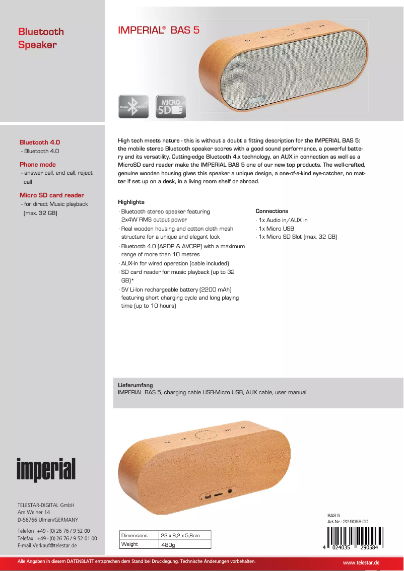 Página 1 del manual Ficha técnica Imperial BAS 5