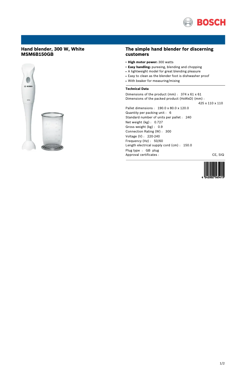 Page 1 de la notice Fiche technique Bosch MSM6B150GB