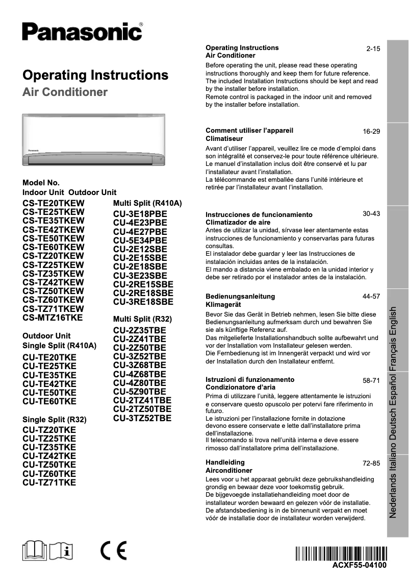 Page 1 de la notice Manuel utilisateur Panasonic CU-TE25TKE