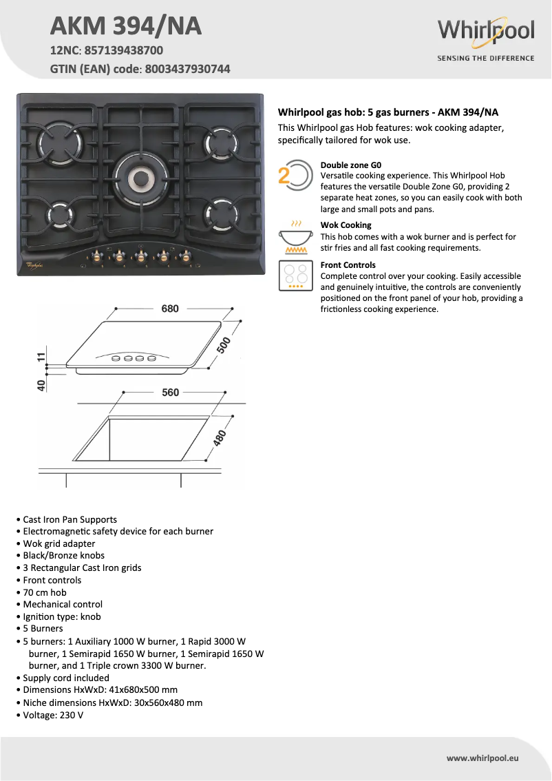Page 1 de la notice Fiche technique Whirlpool AKM 394/NA
