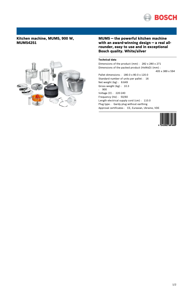 Page 1 de la notice Fiche technique Bosch MUM54251