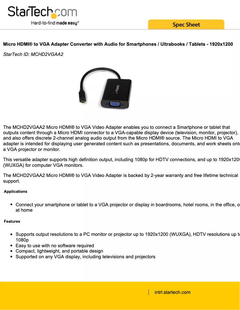 Page 1 de la notice Brochure StarTech.com HD2VGAA2