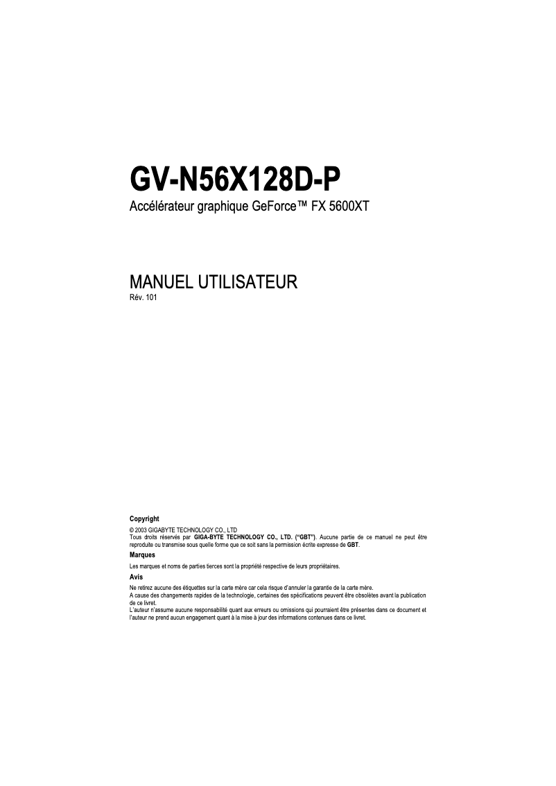 Page 1 de la notice Manuel utilisateur Gigabyte GV-N56X128D-P