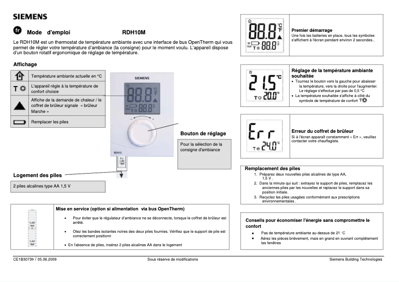 Page 1 de la notice Manuel utilisateur Siemens RDH10M