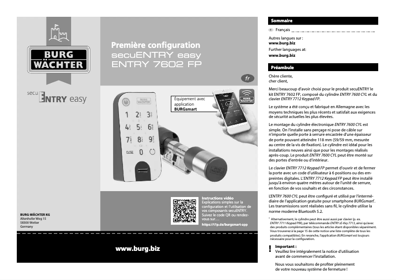 Page 1 de la notice Manuel utilisateur Burg Wächter ENTRY easy 7602 FP