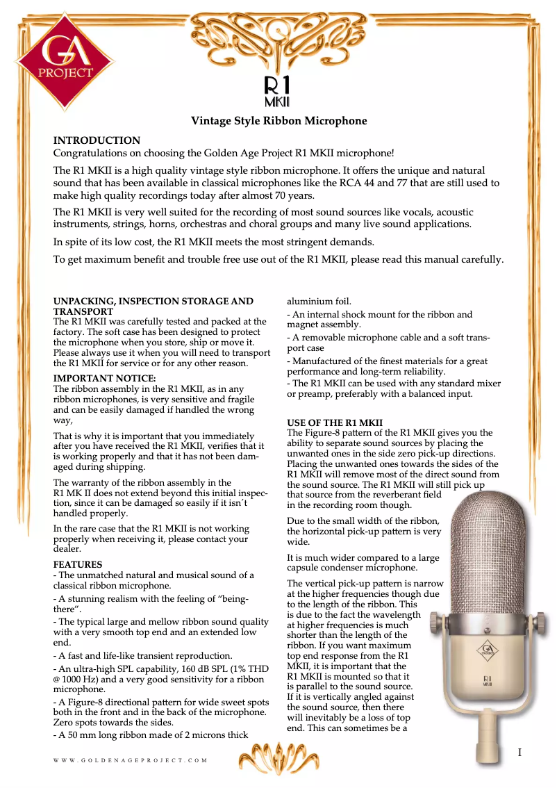 Page 1 de la notice Manuel utilisateur Golden Age Project R1 MK2