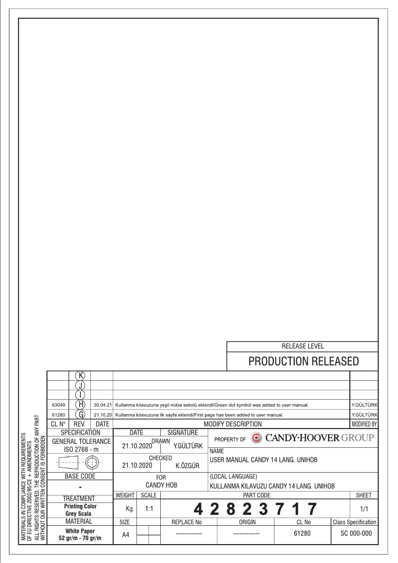 Page 1 de la notice Manuel utilisateur Candy CHW74WX