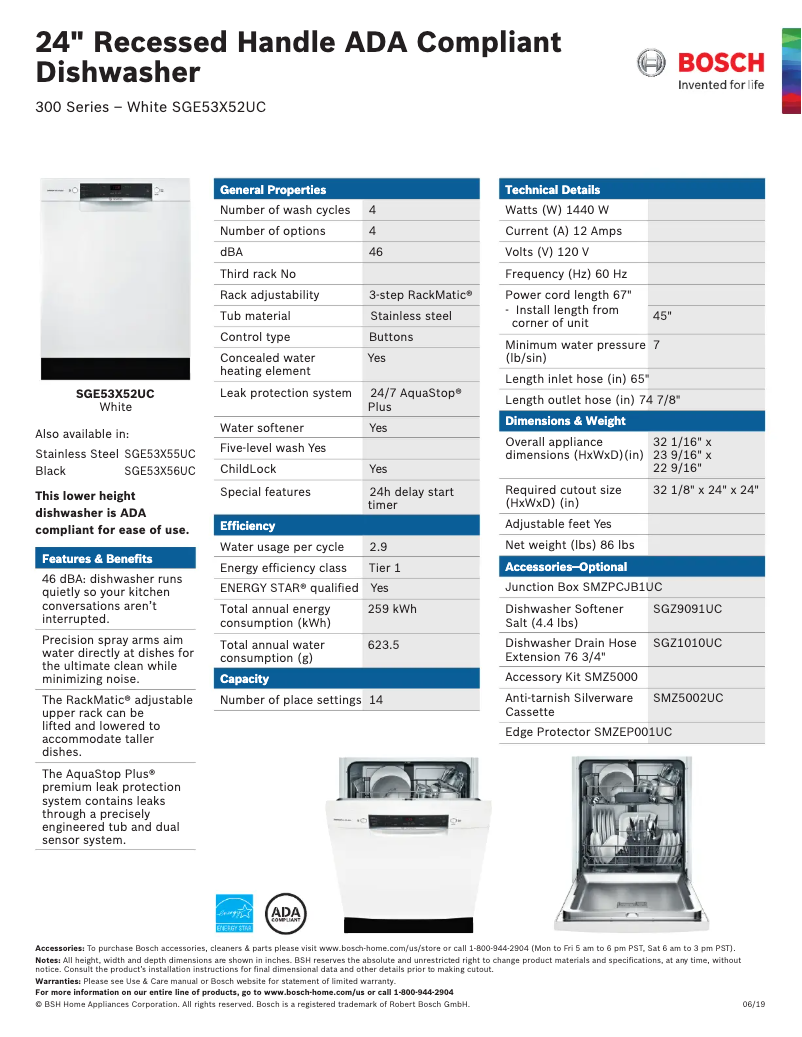 Page 1 de la notice Fiche technique Bosch SGE53X52UC