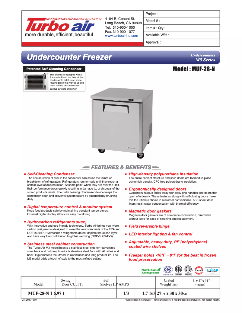 Page 1 de la notice Fiche technique Turbo air MUF-28