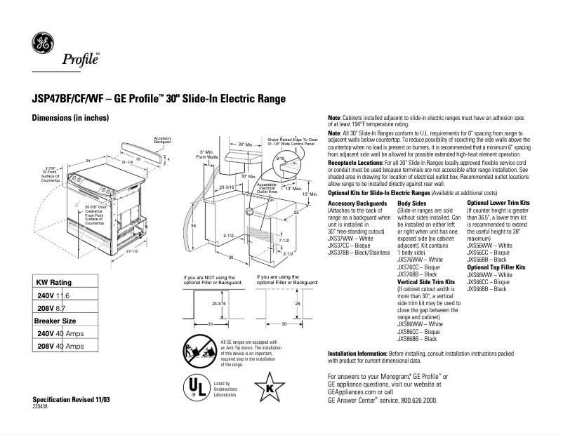 Page n°1 - Fiche technique GE Profile JSP47CFCC