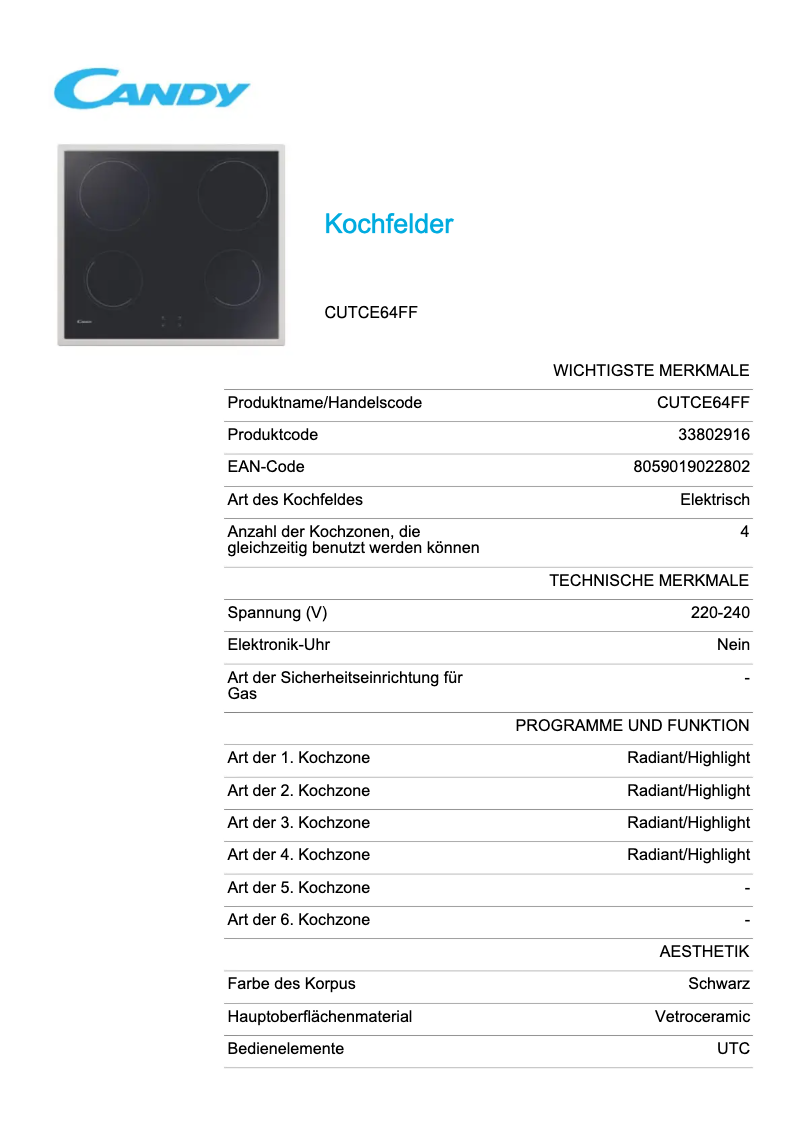 Page 1 de la notice Fiche technique Candy CUTCE64FF