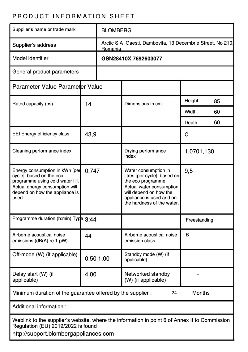 Page 1 de la notice Fiche technique Beko GSN28410X