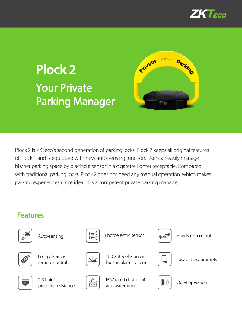 Page 1 de la notice Fiche technique ZKTeco Plock 2