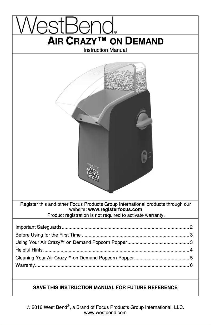Page n°1 - Manuel utilisateur WestBend Air Crazy 82702