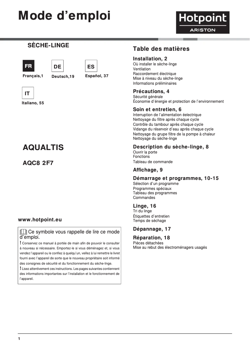 Page n°1 - Manuel utilisateur Hotpoint Ariston AQC8 2F7 TM1 (EU)