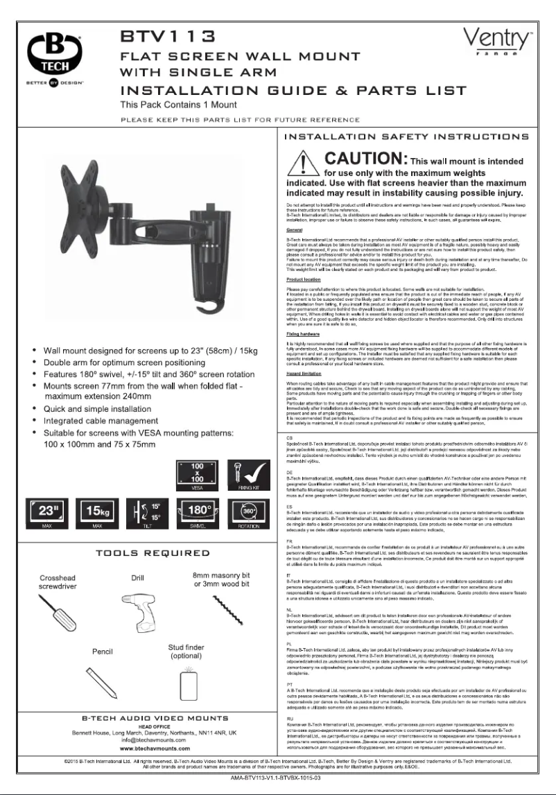 Page 1 de la notice Manuel utilisateur B-Tech BTV113