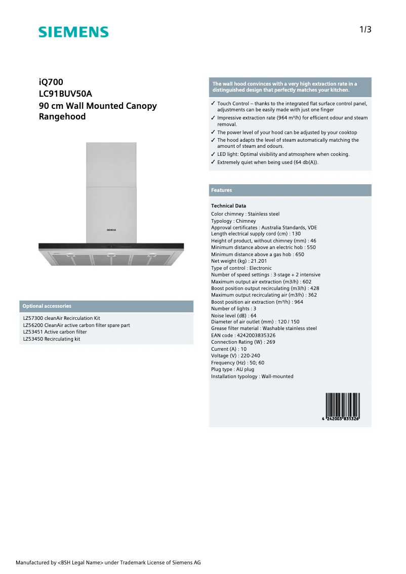 Page n°1 - Fiche technique Siemens LC91BUV50A