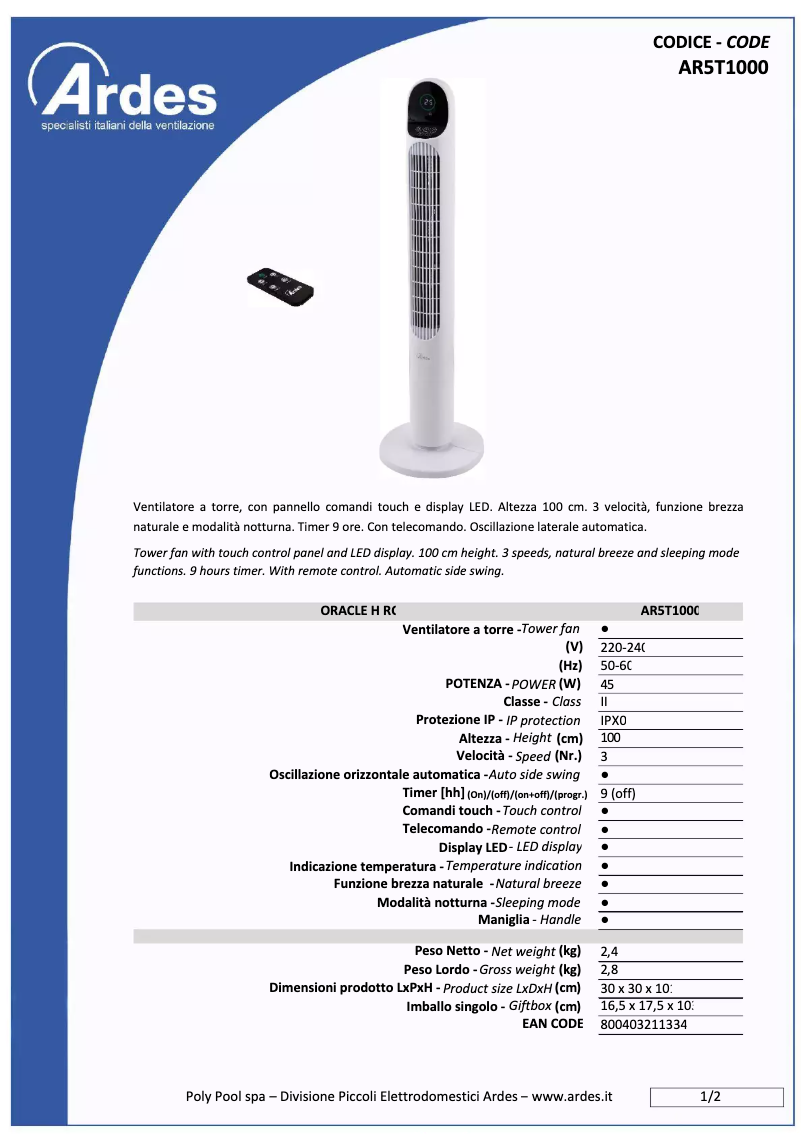 Page 1 de la notice Fiche technique Ardes AR5T1000