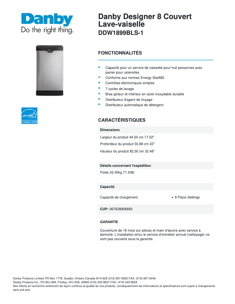 Page 1 de la notice Fiche technique Danby DDW1899BLS-1